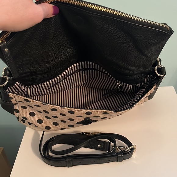 Kate Spade handbag in black leather and khaki canvas with polka dot print - Picture 5 of 5